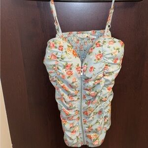 Poetry Floral Smocked Top in Soft Blue and Coral